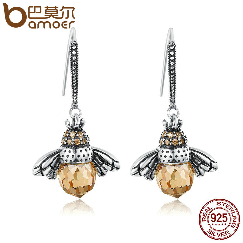 BAMOER Hot Sale Genuine 925 Sterling Silver Lovely Orange Bee Animal Drop Earrings for Women Fine Jewelry Gift Bijoux SCE149