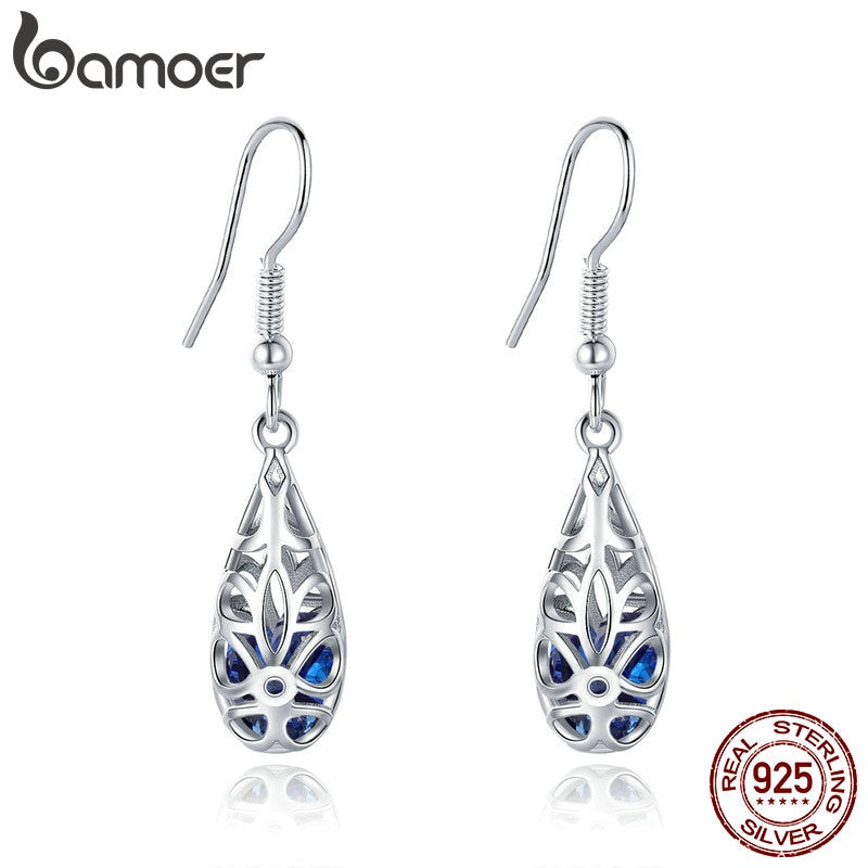 BAMOER 100% 925 Sterling Silver Droplets Geometric Simple Openwork Drop Earrings for Women Authentic Silver Jewelry SCE466