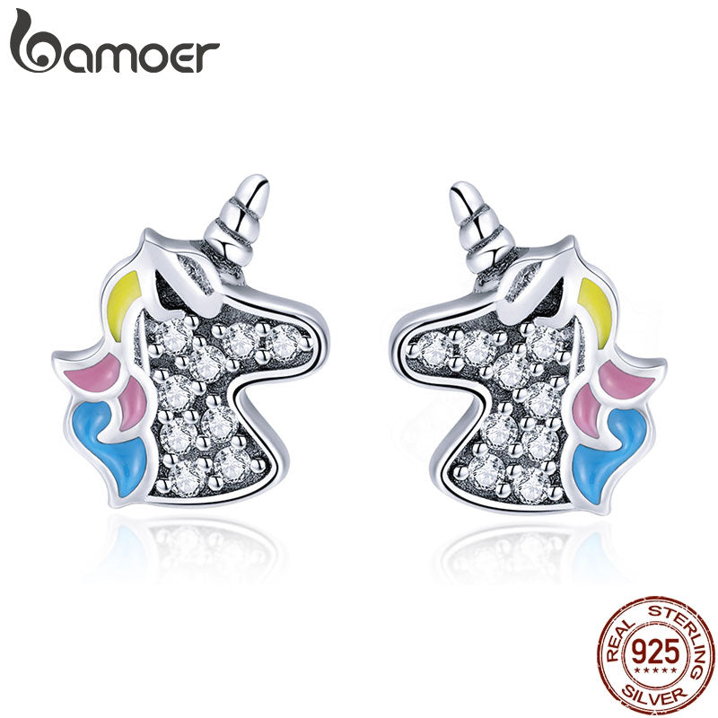 BAMOER 2018 925 Sterling Silver Dazzling Licorne Memory Stud Earrings Silver for Women & Girls Sterling-Silver-Jewelry SCE426